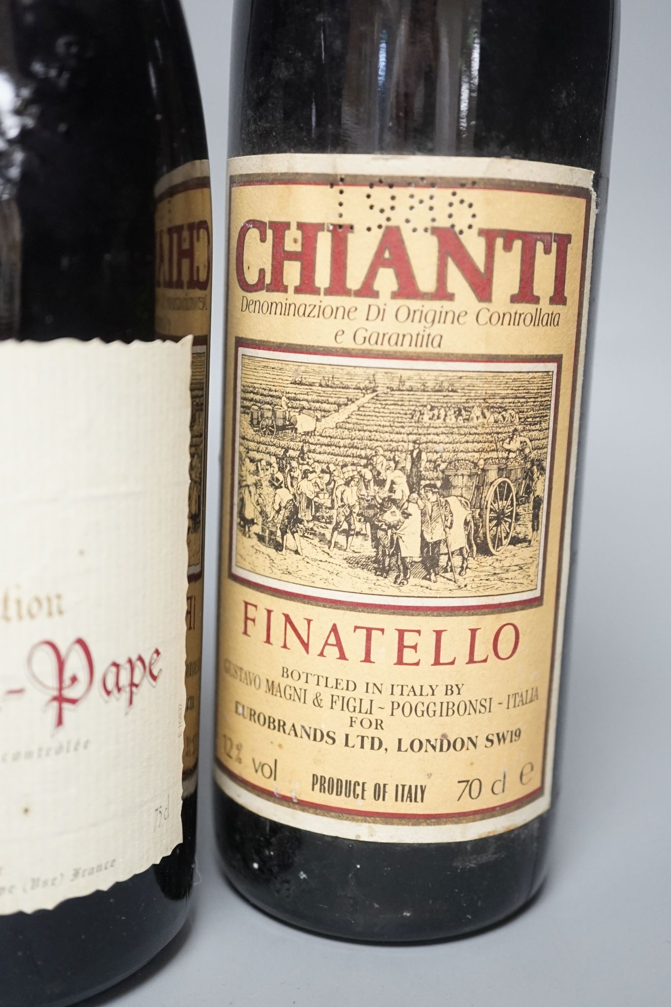 A bottle of Warres 1963 Vintage Port, a bottle of Fonsecca, 1977 Vintage Port and three bottles of wine